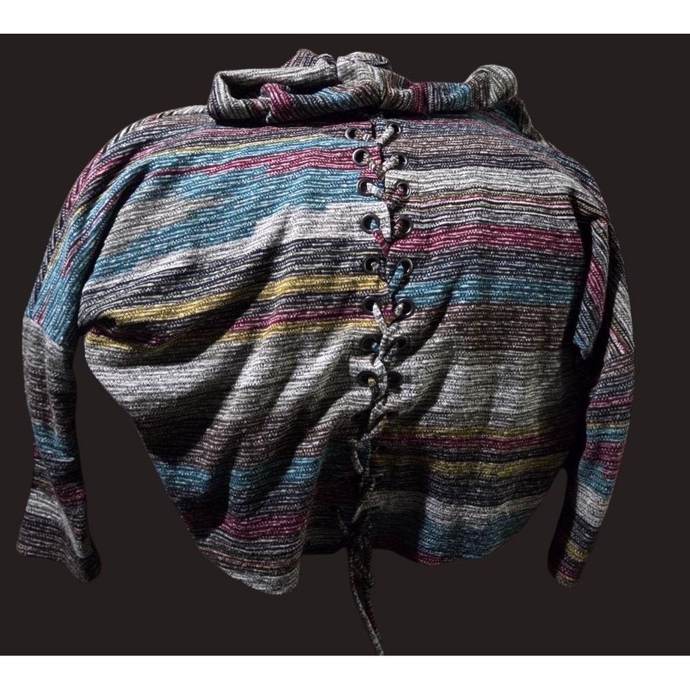 Ariella Hooded Sweater Womens OS Multicolor Space Dye Lace Up Back Boho Knit